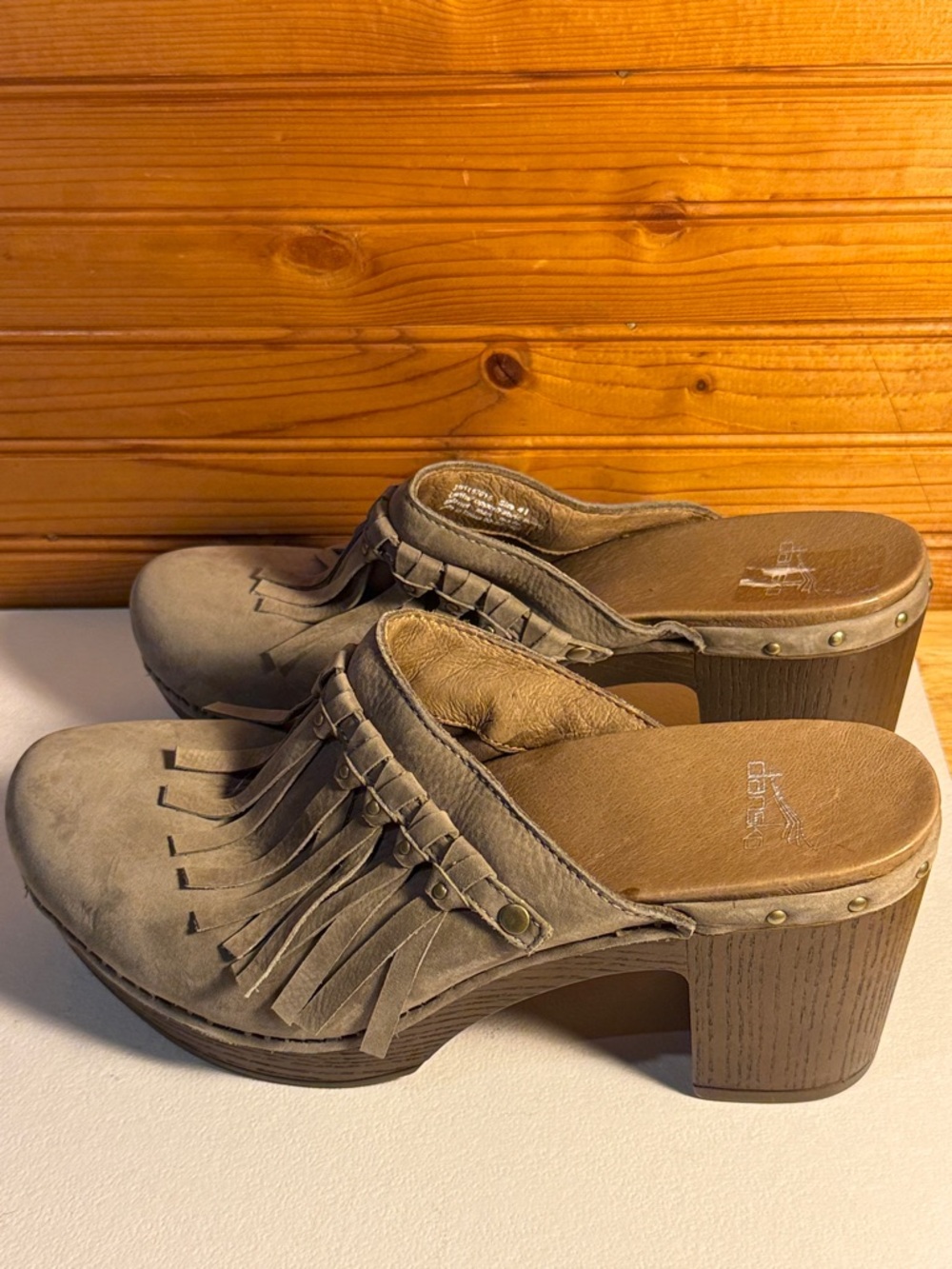 Dansko Taupe Suede Fringed Clog Mules - Picture 6 of 8